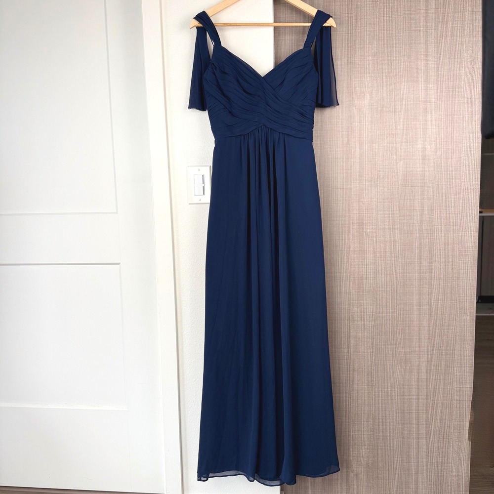 Monique‎ Lhuillier Bridesmaids Navy Chiffon Maxi Dress Chiffon Size 10
